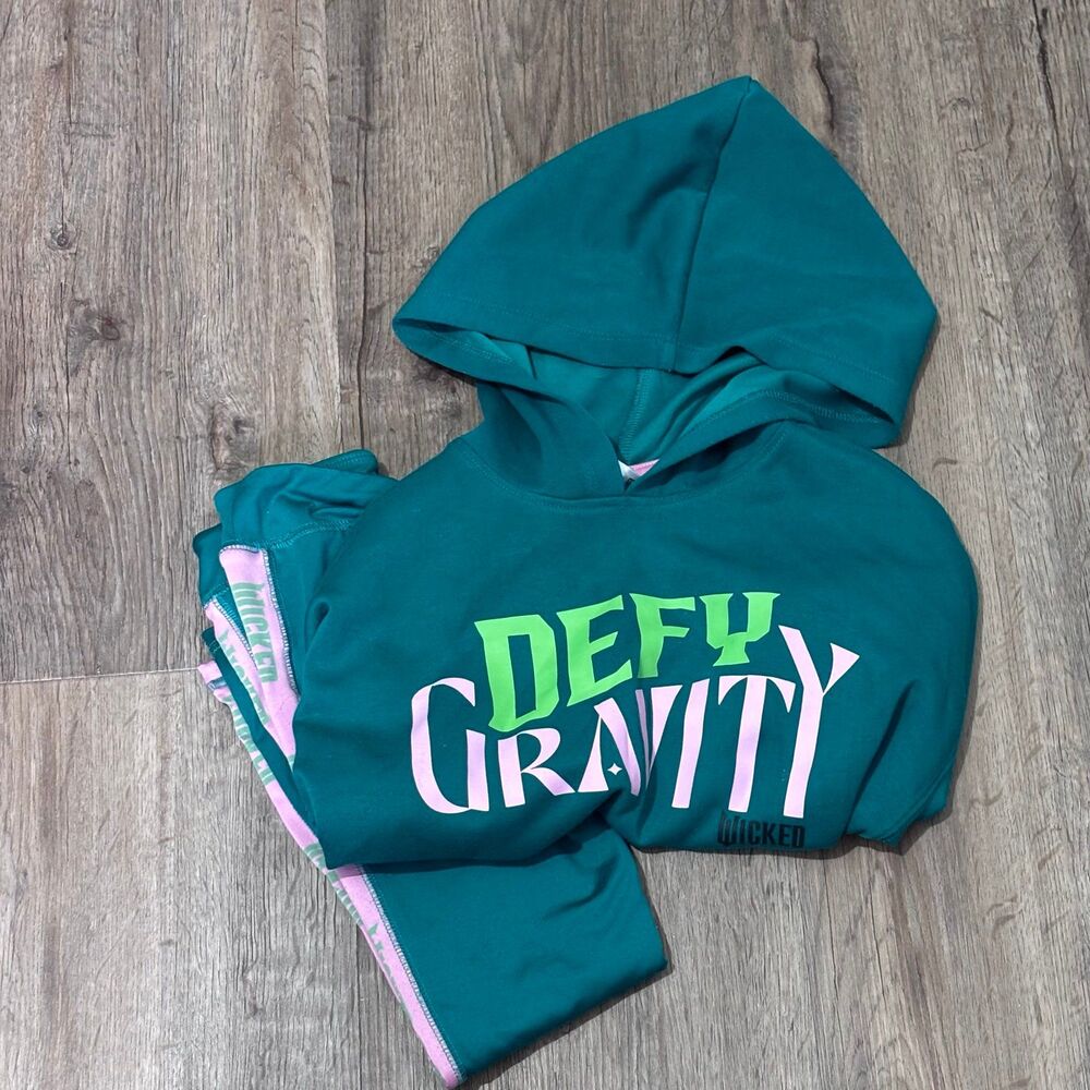 Wicked Movie Defy Gravity Girls Hoodie Leggings Set XS 4/5 Green EUC